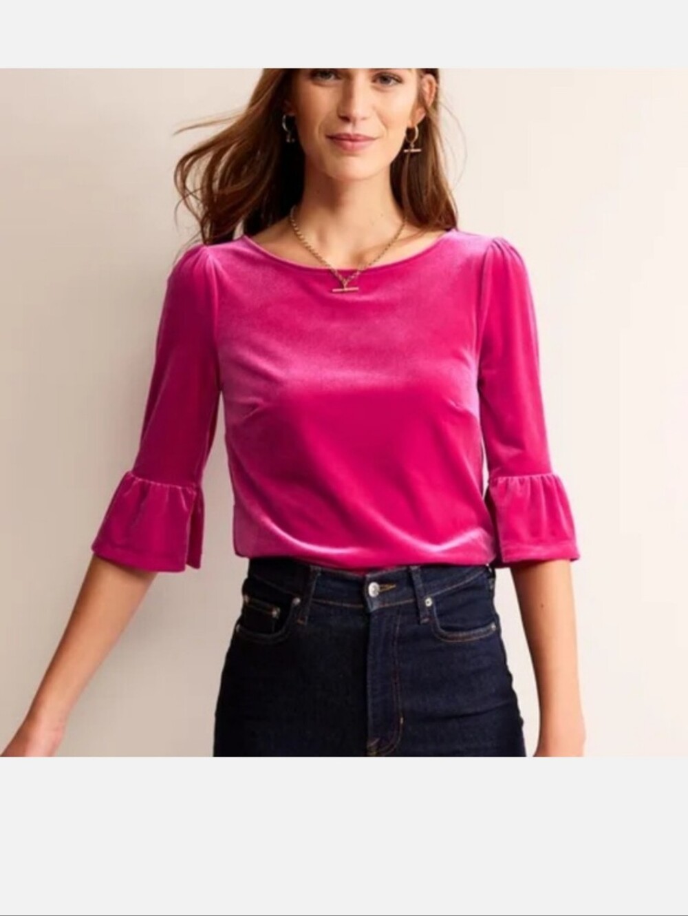 Boden Vibrant Pink Velvet Ruffle Cuff Top 8